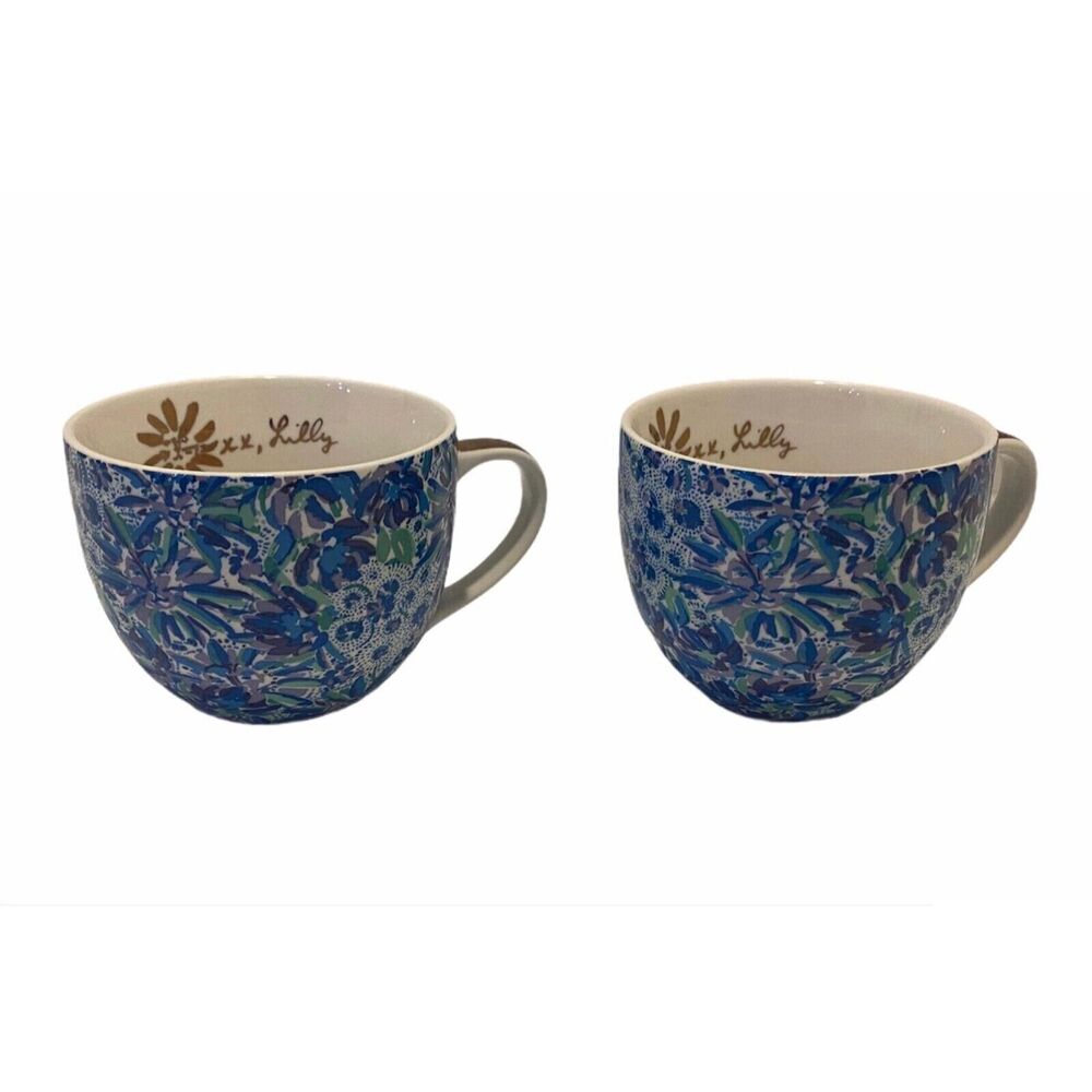 Lilly Pulitzer Coffee or Tea Mug Set 12 oz Blue Ceramic Gold Handle